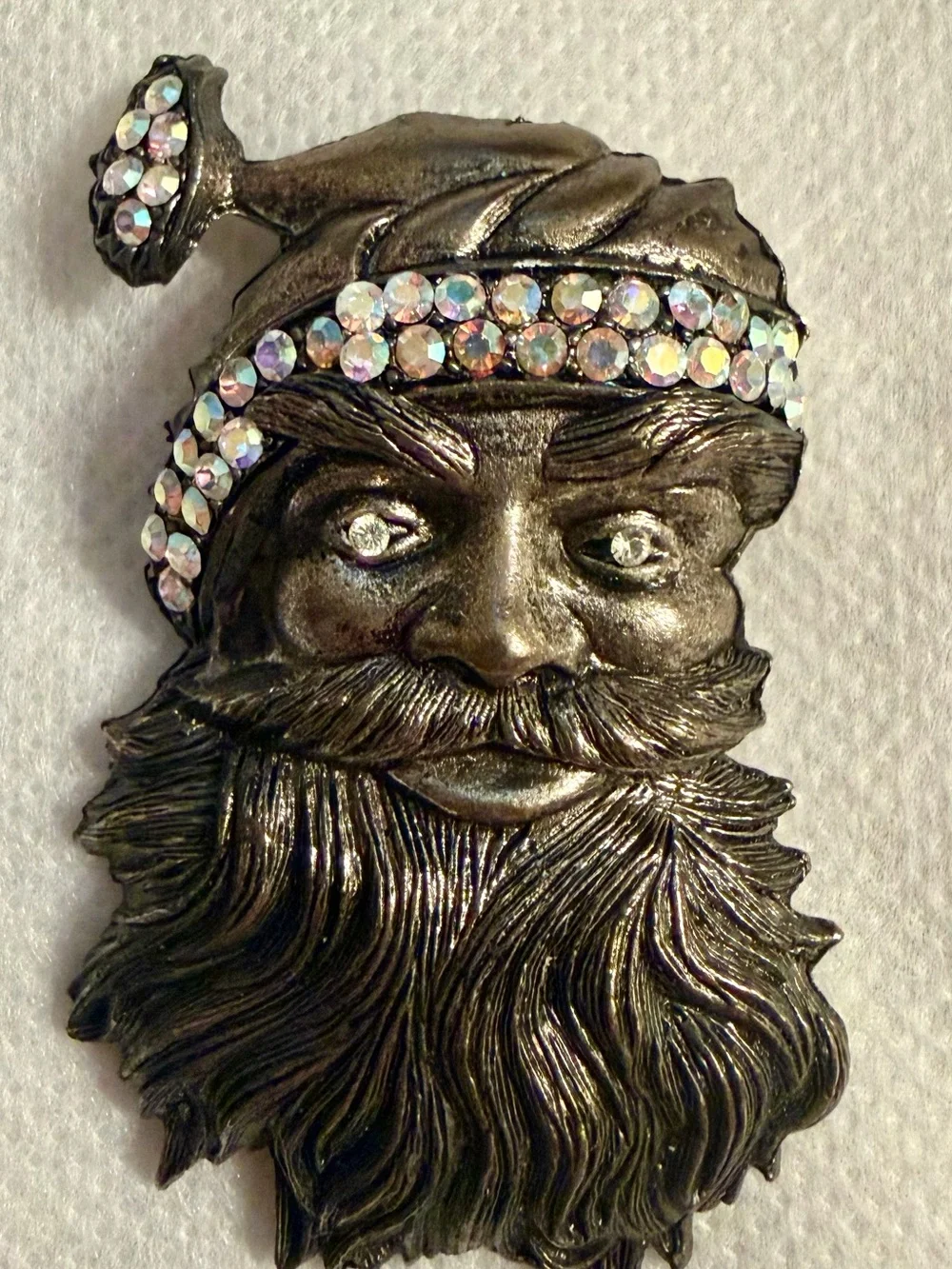 Vintage Signed WEISS Pewter Santa Claus Brooch Pin Aurora Borealis Rhinestones